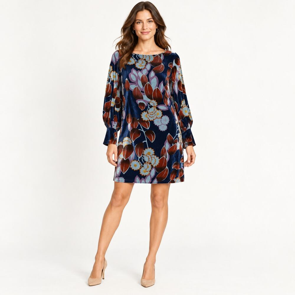 Ann Taylor Floral Velvet Shift Dress Blue Long Sleeve Size 8